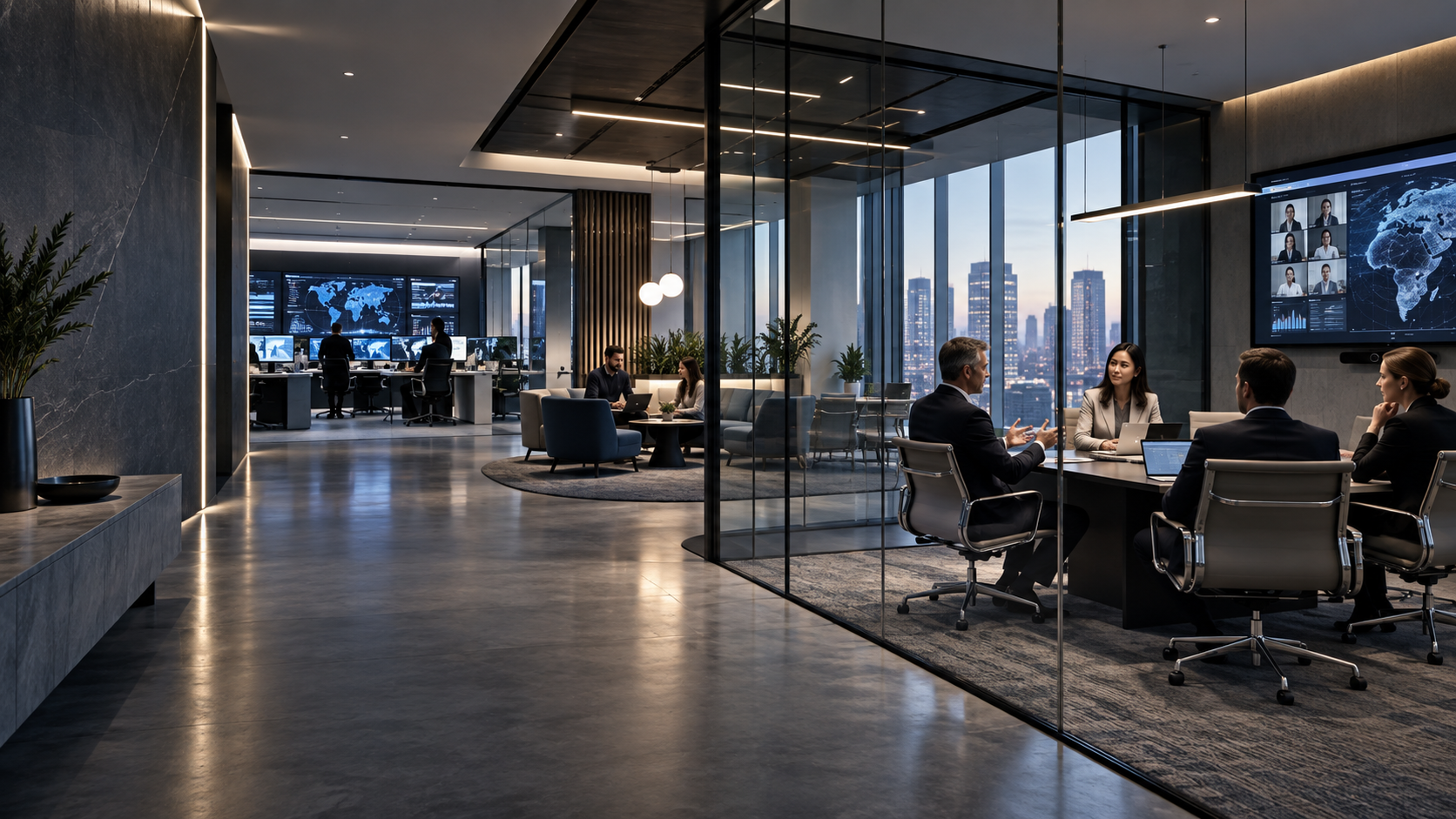 Integrated enterprise environment with a glass meeting room, an active video call and an operations hallway visible deeper in the same space