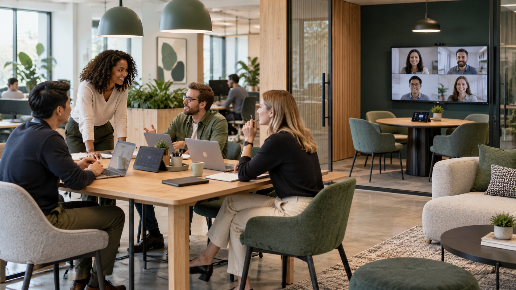 Bright, plant-filled workplace with a team collaborating around a table beside an active video meeting screen
