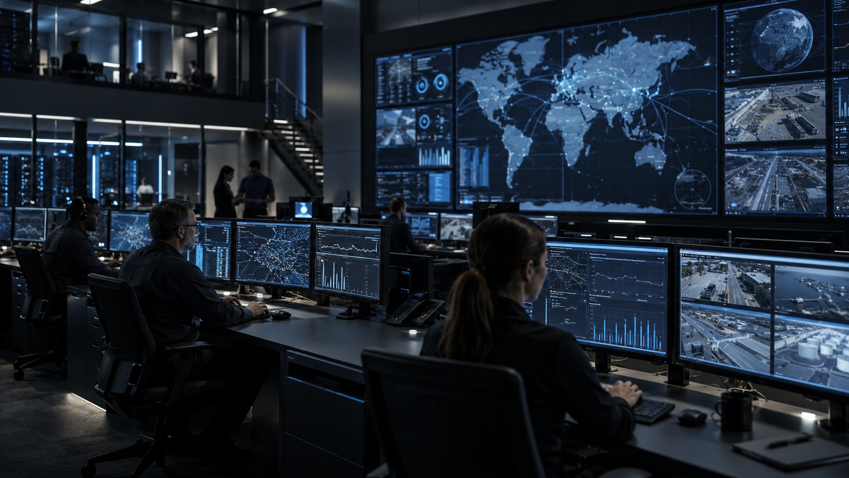 Mission-critical operations environment with technical staff at workstations and a large shared visualization wall