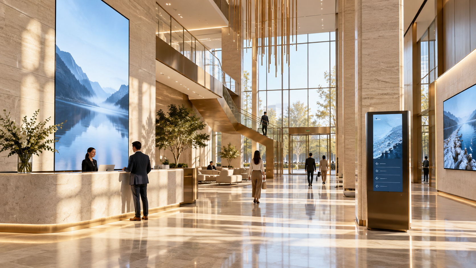 Bright architectural lobby with large-format digital signage, a wayfinding kiosk and people moving through the space