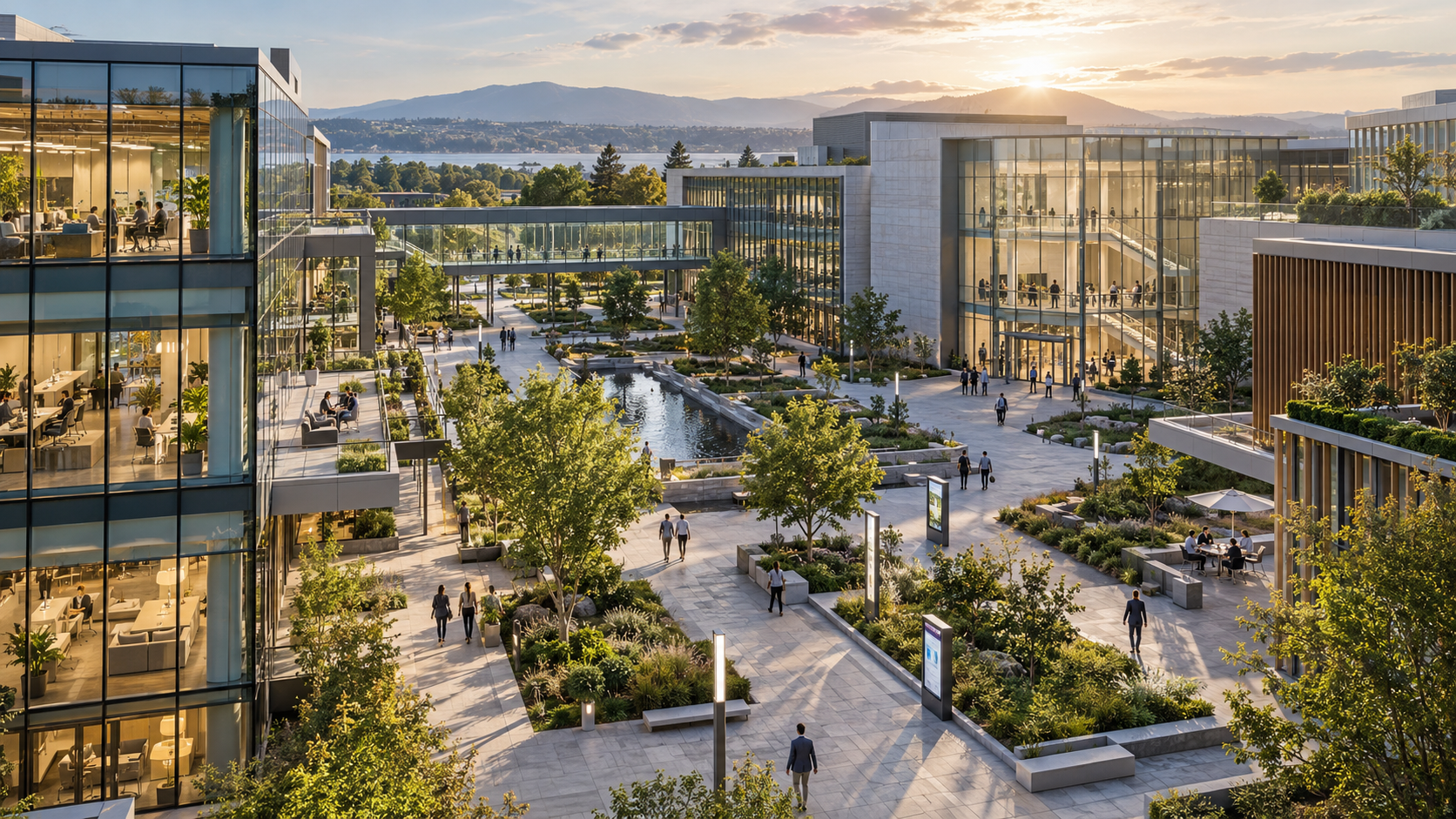 Elevated view of a wide modern enterprise campus with multiple connected buildings and landscaped courtyards