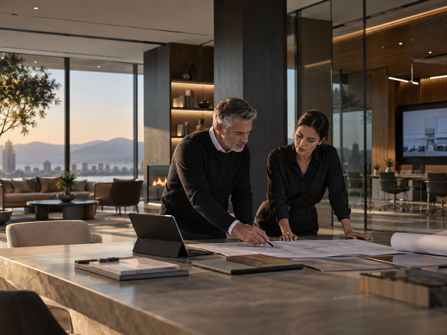 ORICON team reviewing integrated technology plans in a modern corporate environment