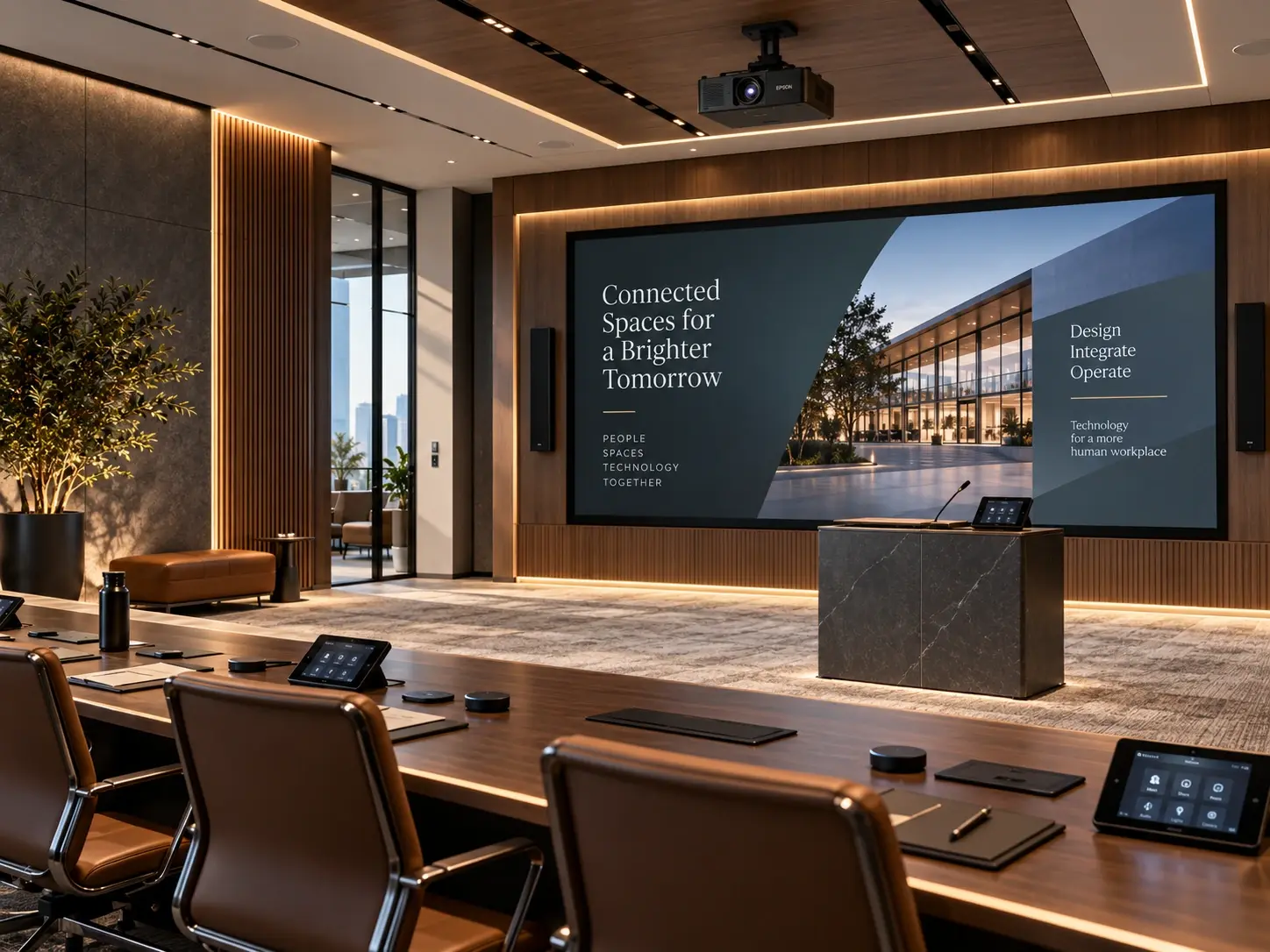 Executive boardroom with integrated audiovisual presentation and room control technology