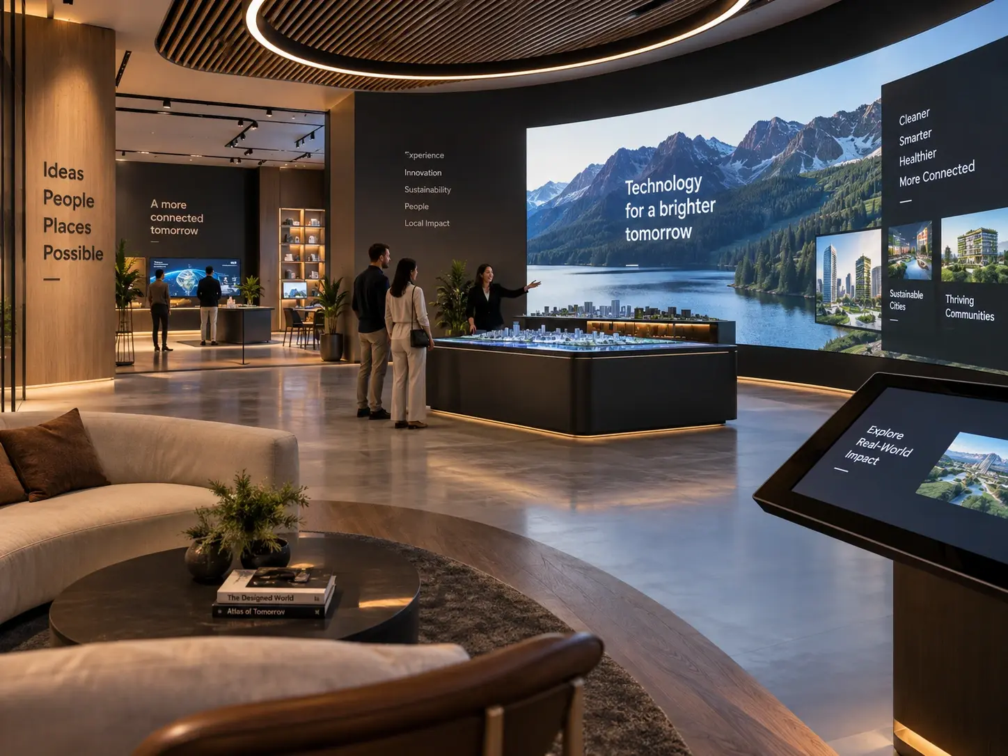 Interactive corporate experience center with immersive digital displays and visitor technology
