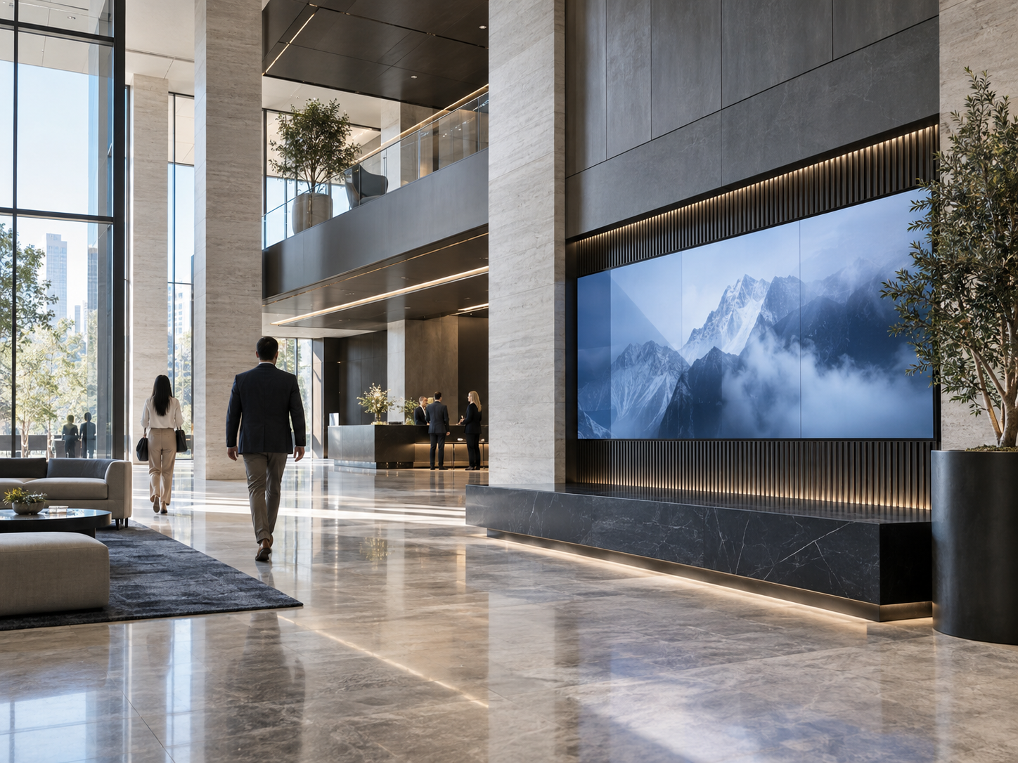 Modern corporate office space with glass walls and a city view, illustrative of a premium architectural environment