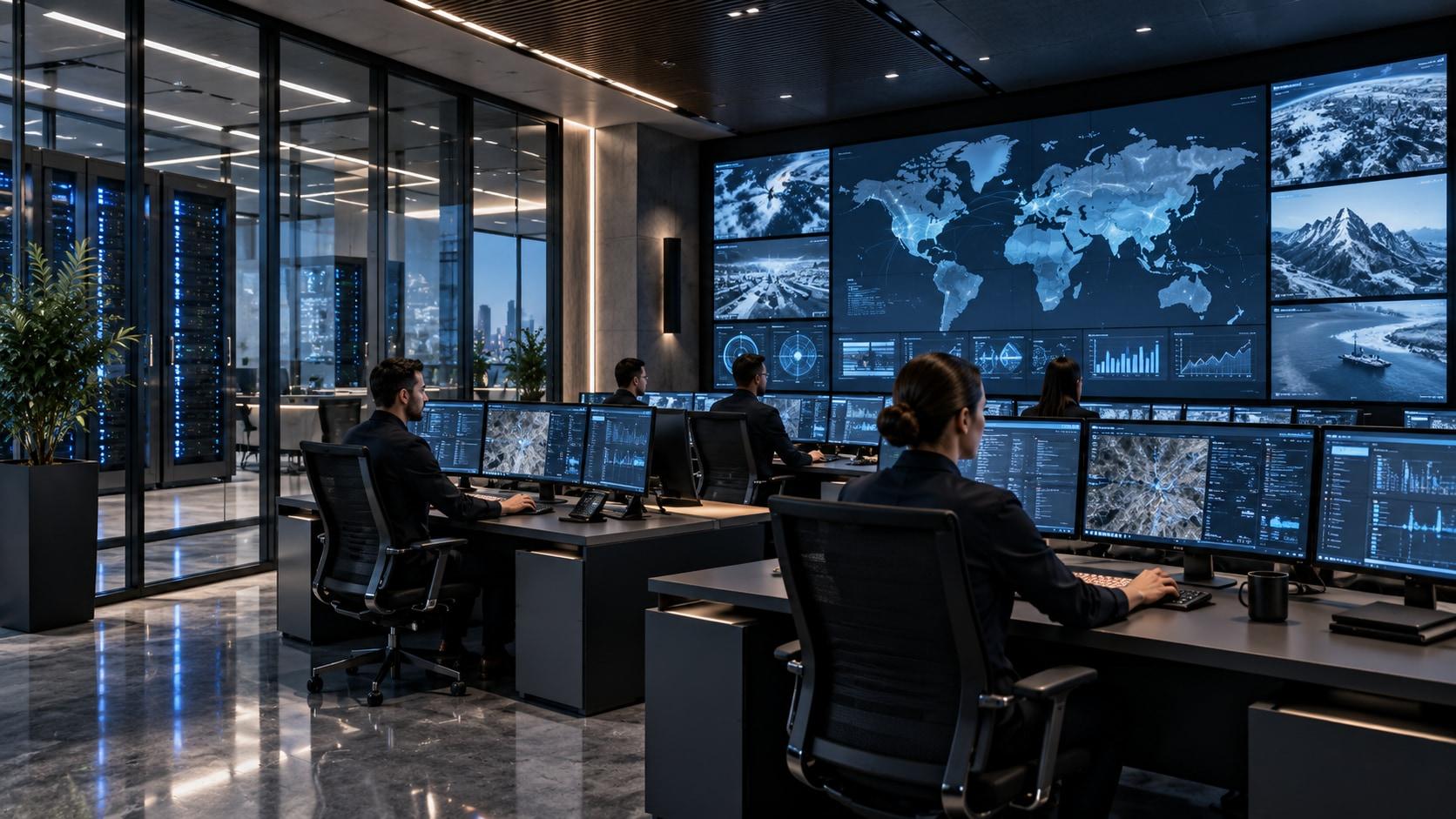 Mission-critical command center with operators, video walls, workstations and infrastructure