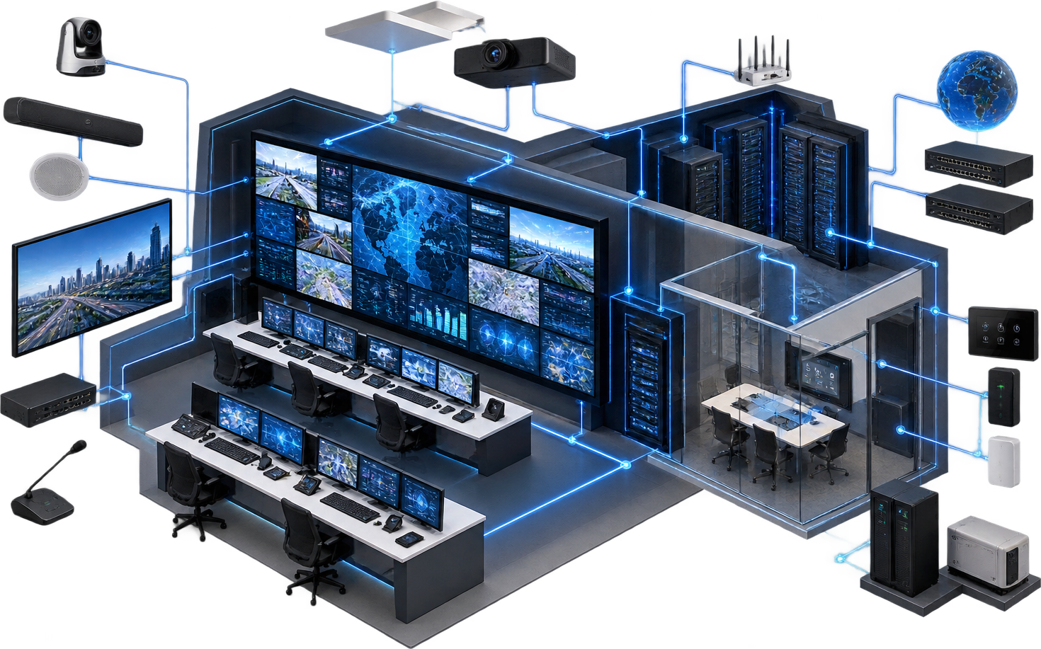 Integrated command and control center connecting video walls, operator workstations, AV, control, monitoring and network infrastructure.