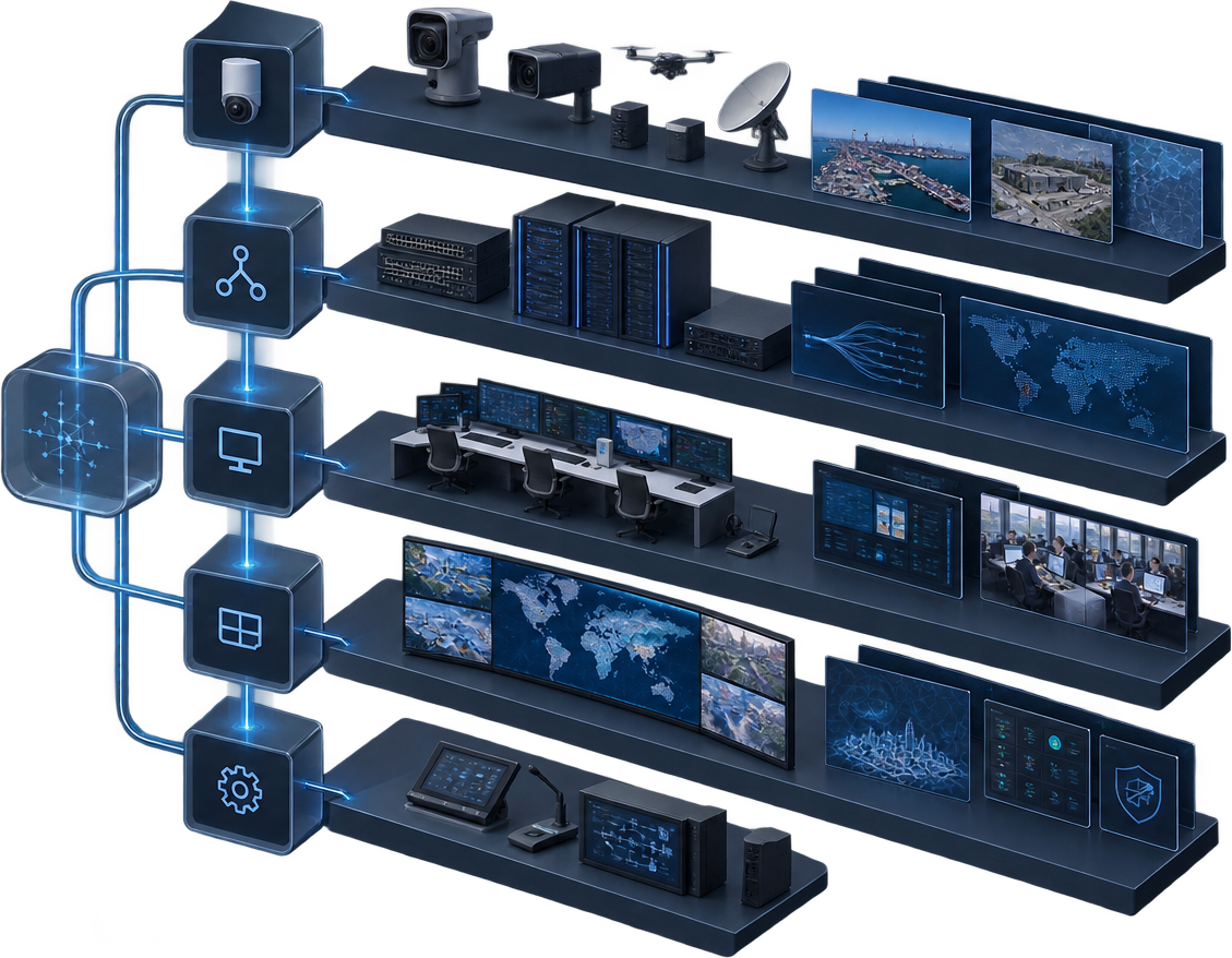 Operational architecture connecting information sources, AV over IP processing, operator environments, shared visualization and control management.