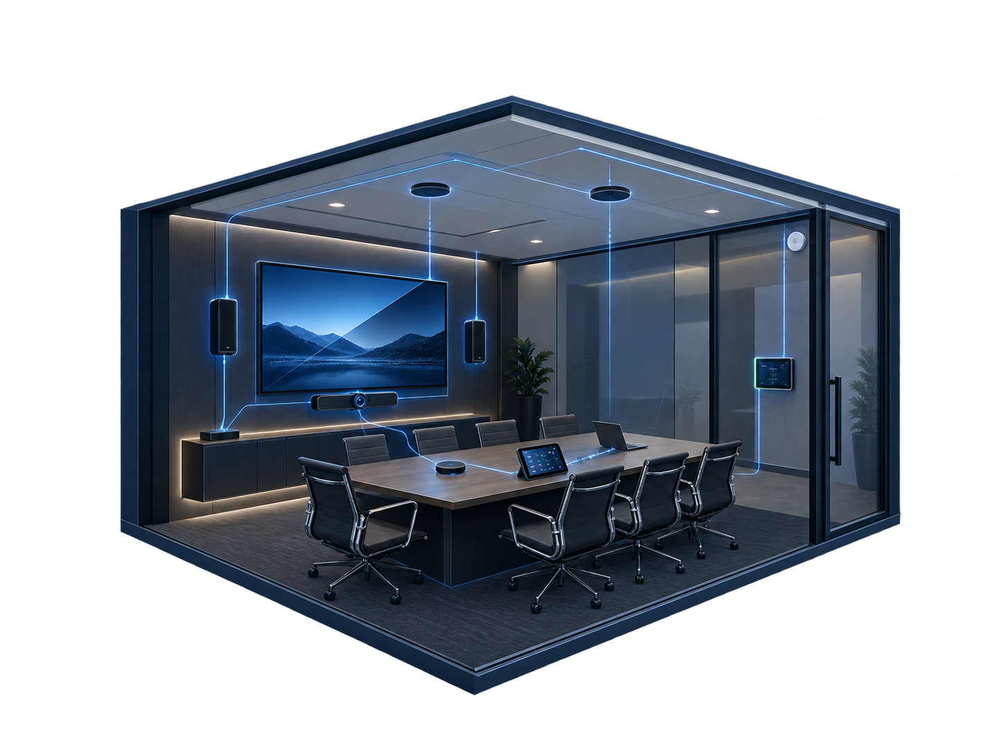 Connected smart meeting room ecosystem integrating cameras, microphones, speakers, displays, room control, scheduling, wireless sharing and occupancy sensors