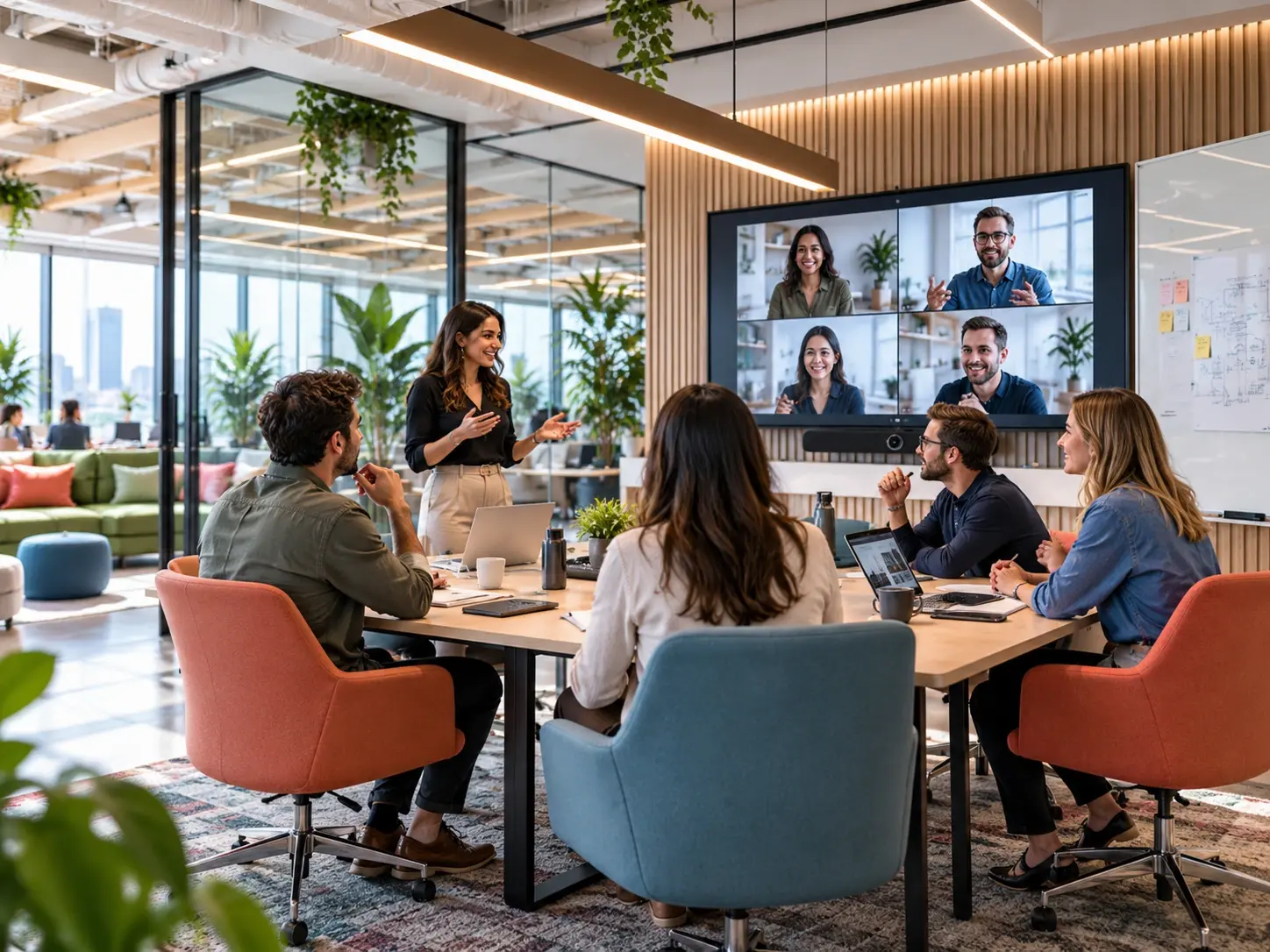 Hybrid meeting connecting in-room participants with remote colleagues and shared content