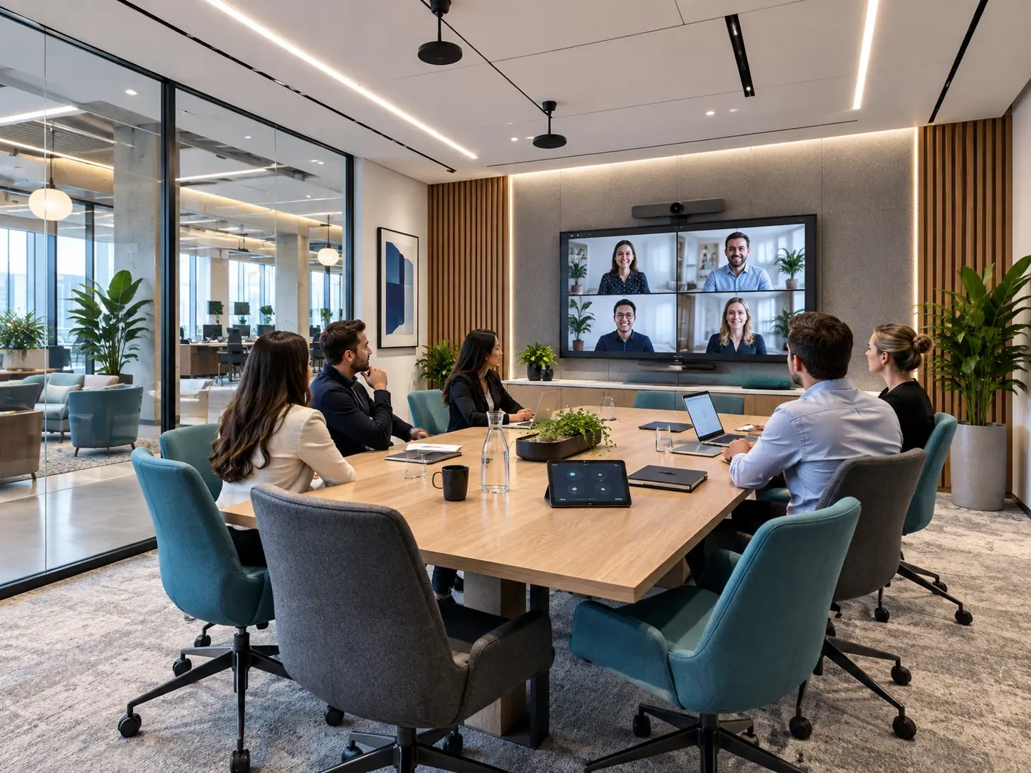 Smart conference room supporting hybrid collaboration with integrated AV and video conferencing