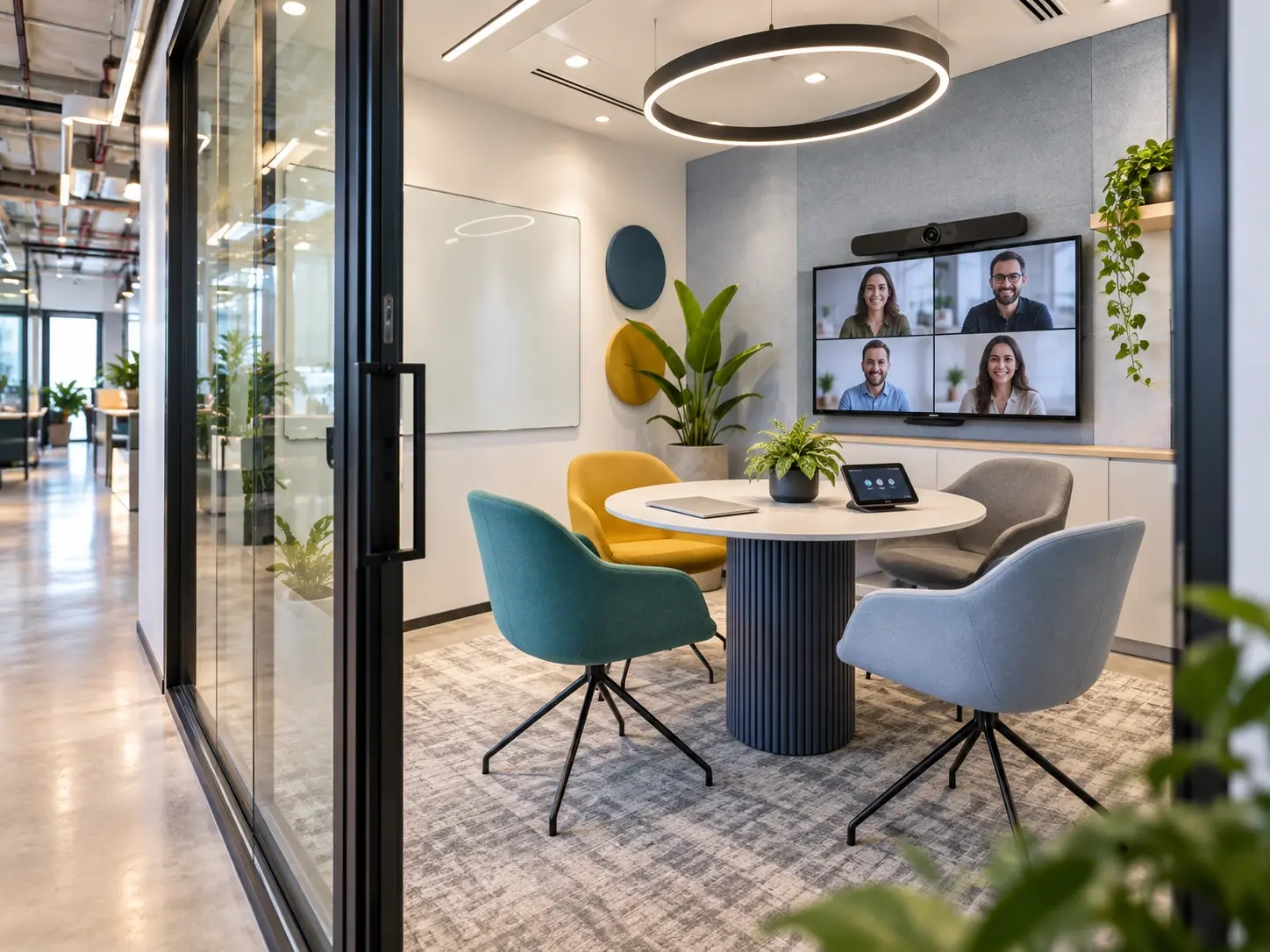 Compact smart huddle room with integrated video conferencing, touch controls and flexible seating