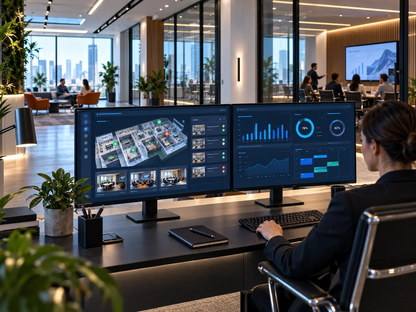 Central workspace management dashboard monitoring smart meeting rooms, usage and system performance