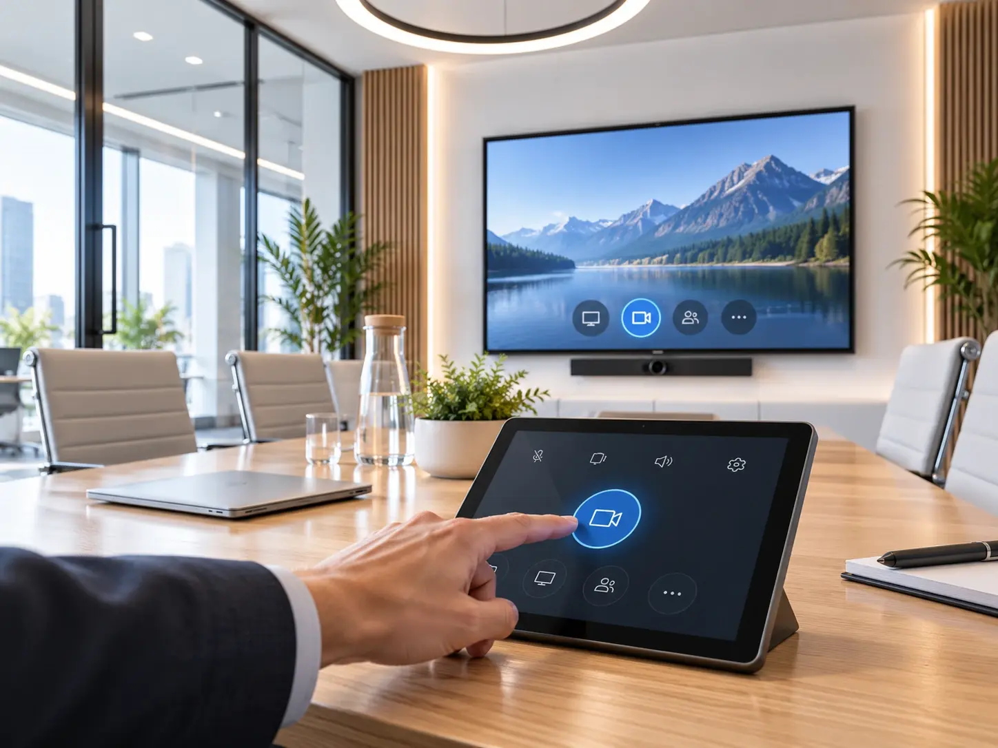 Smart meeting room touch panel enabling one-tap meeting start and room control