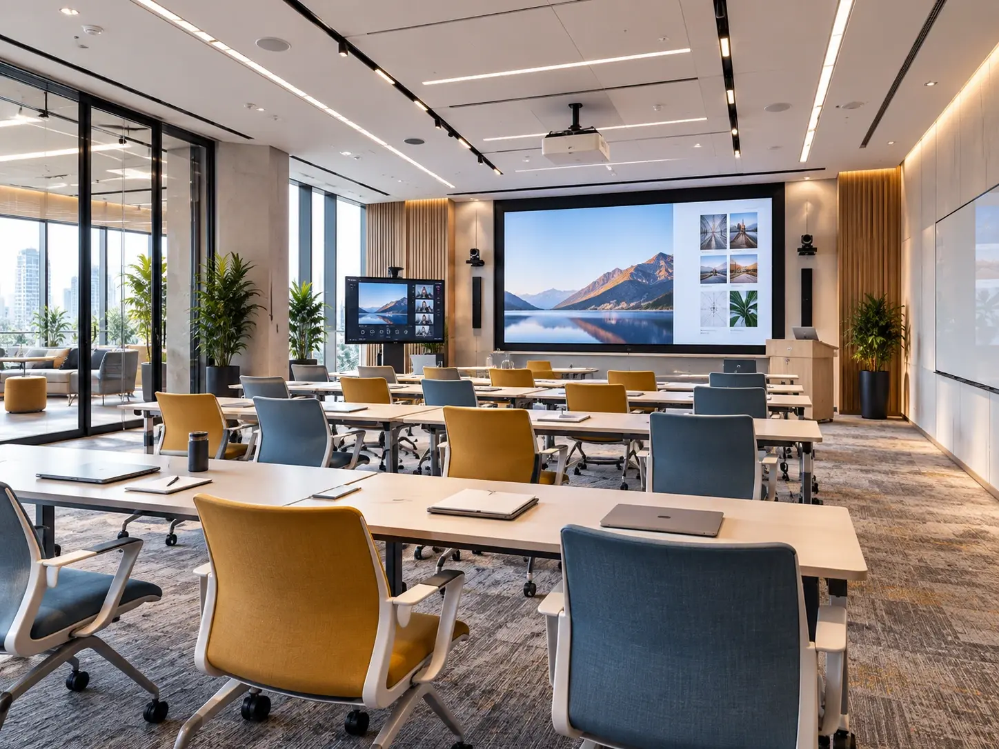 Large smart training room with scalable presentation, conferencing and learning technology