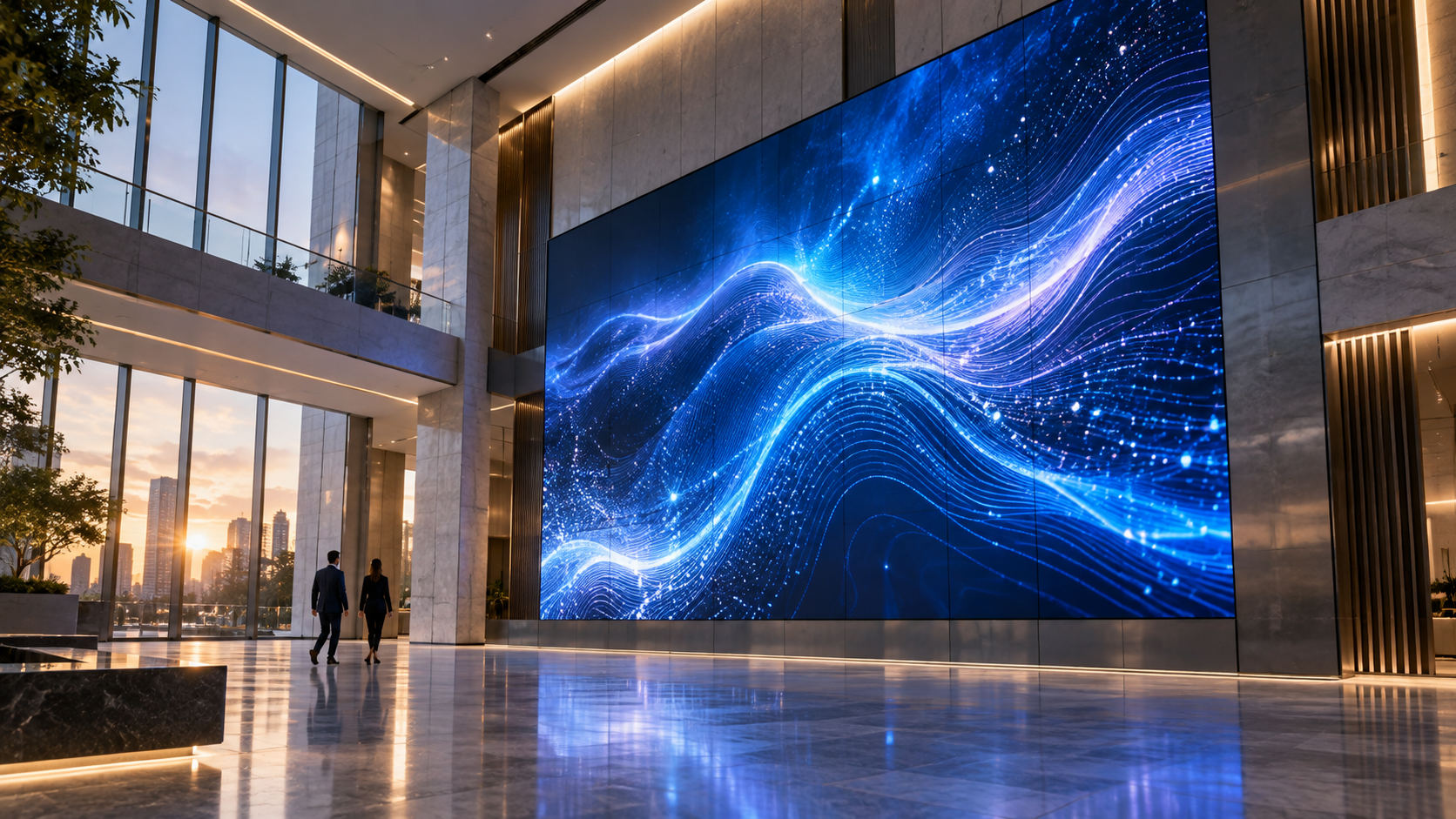 Modern corporate lobby with a dusk city view, illustrative of a premium architectural environment