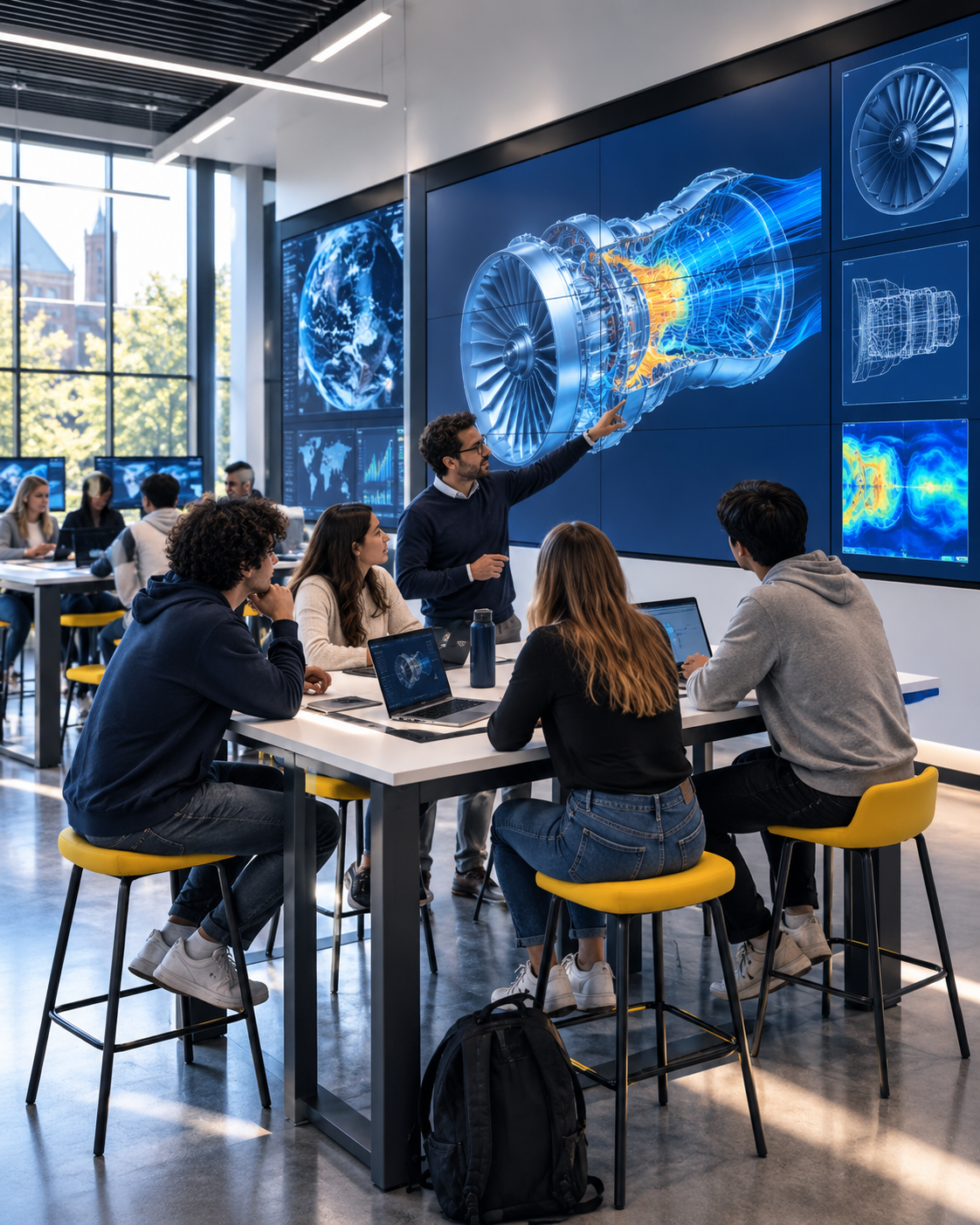 Students and instructor using a large engineering visualization wall in a technology learning lab