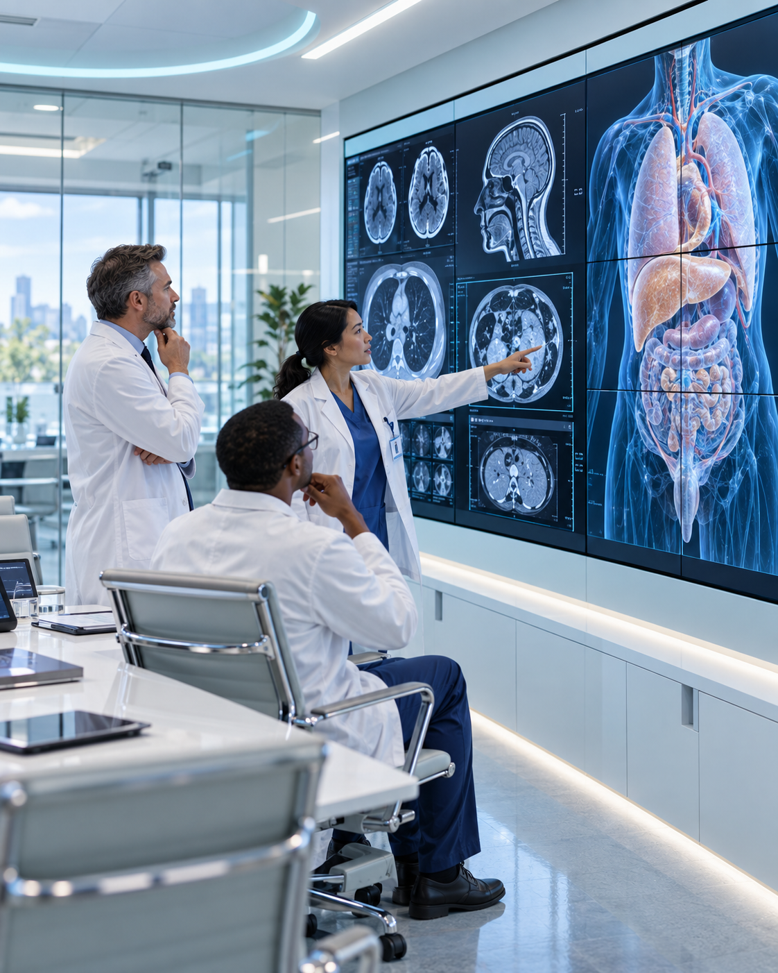 Medical team reviewing diagnostic imaging on a large clinical visualization wall