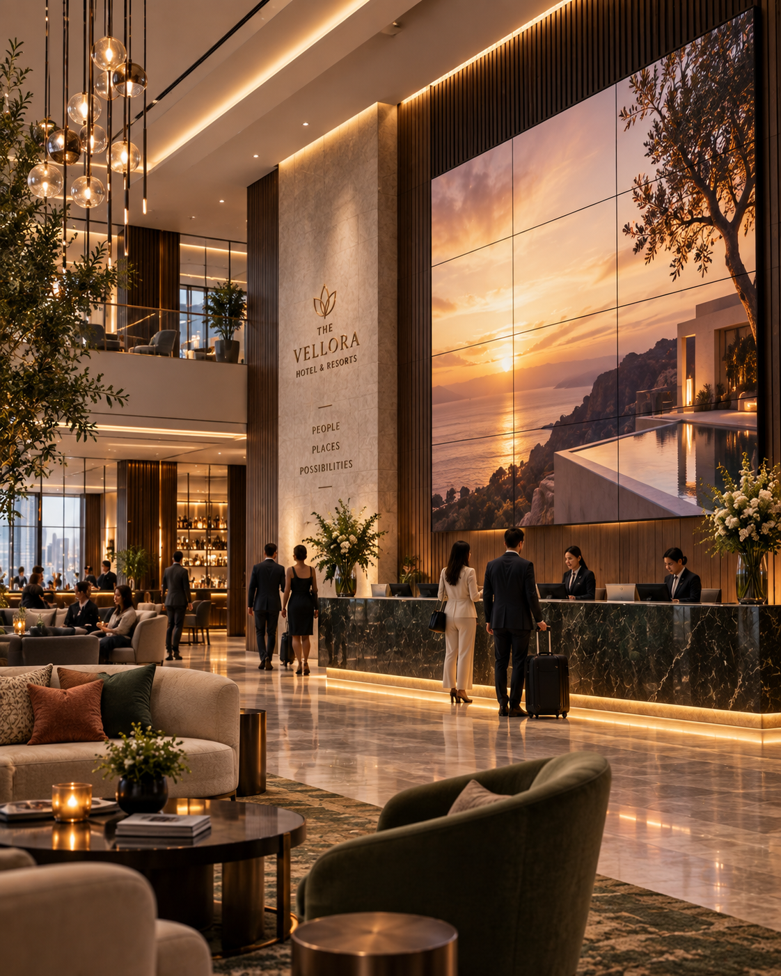 Luxury hospitality venue with a large-scale digital video wall in a premium hotel lobby