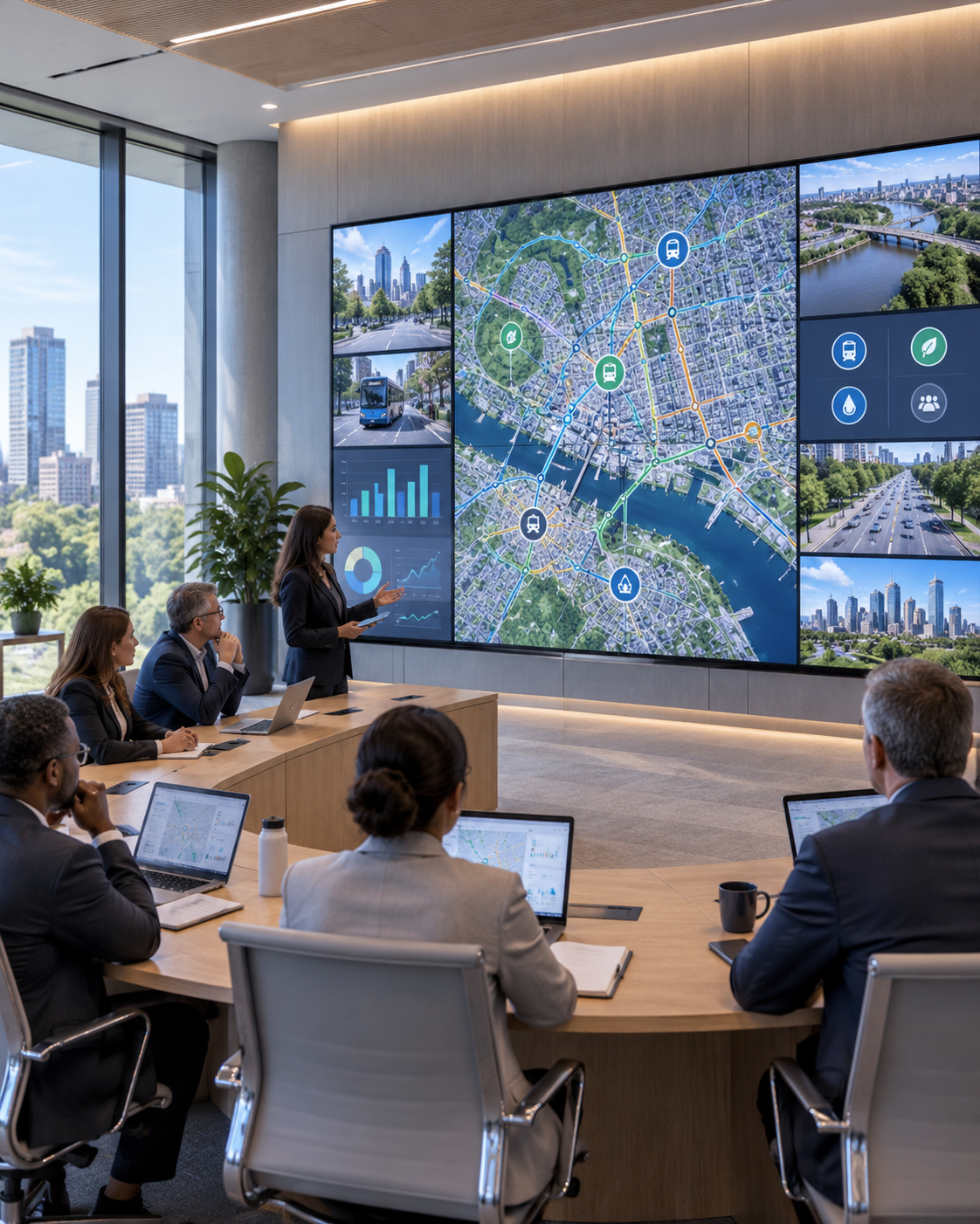 Civic operations team using a large smart-city visualization wall