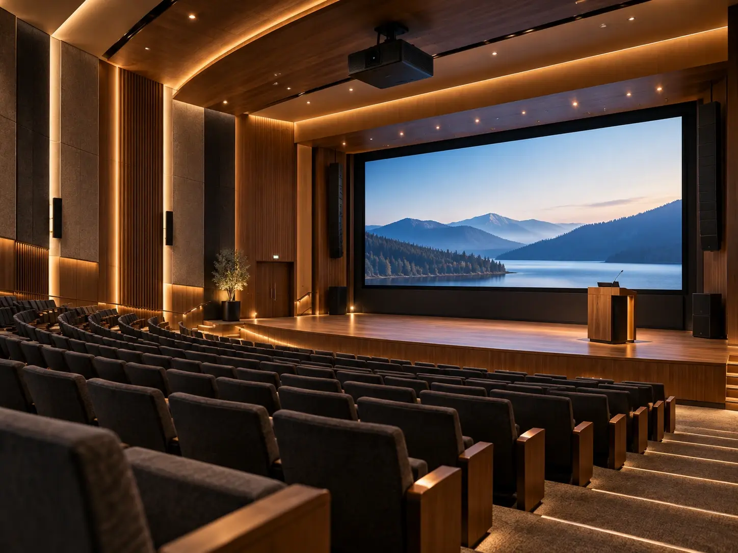 Integrated auditorium and presentation environment with AV systems, illustrative of the project scope