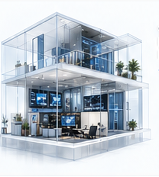 Transparent isometric render of an integrated, technology-equipped building