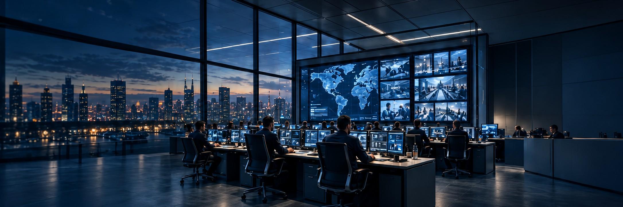 ORICON command and control operations center with operators, wall-mounted world map, city skyline and video feeds