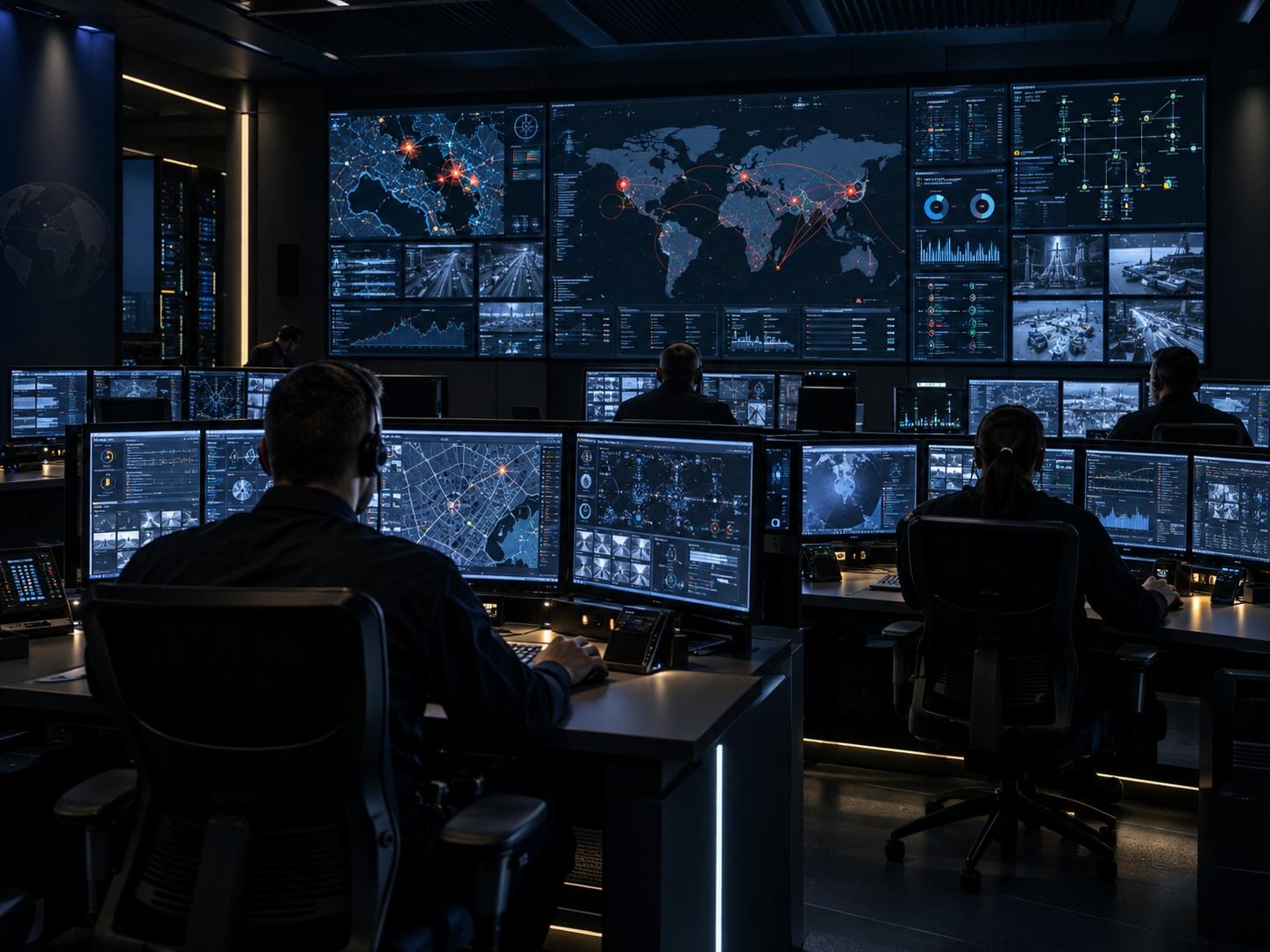 Operations center hallway with analysts monitoring a large situational-awareness video wall