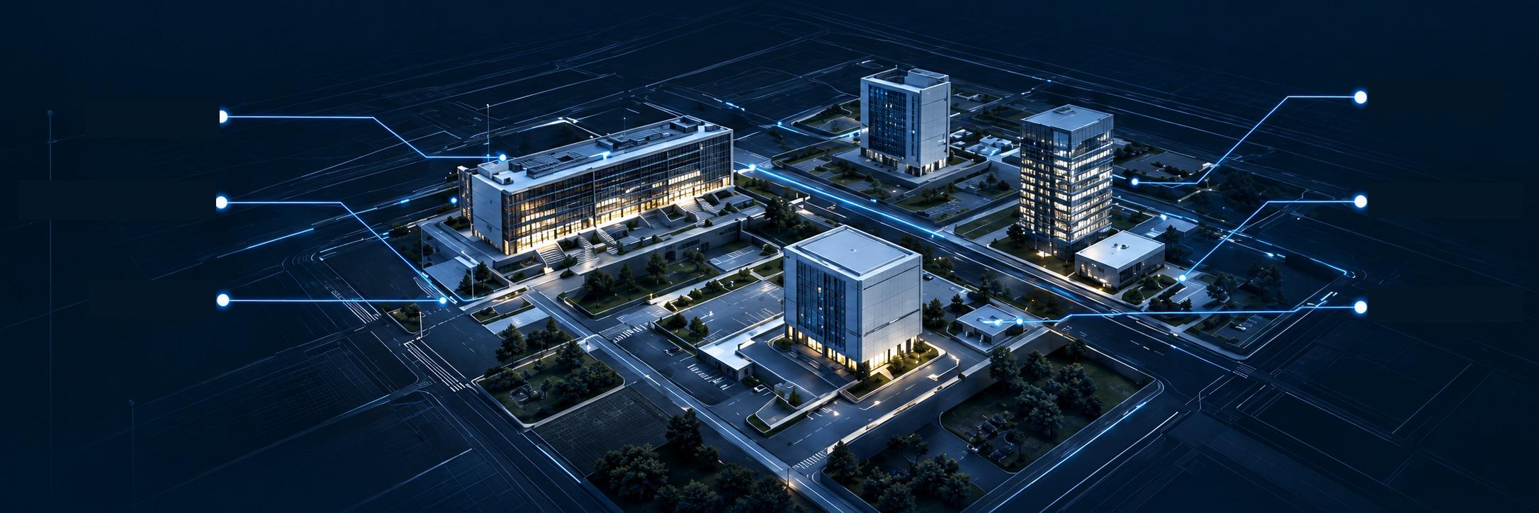 Aerial render of a connected enterprise campus with networked buildings