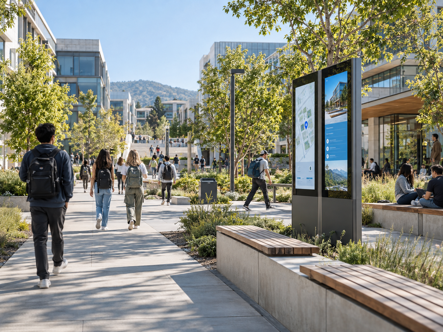 Digital signage and wayfinding across a modern landscaped campus