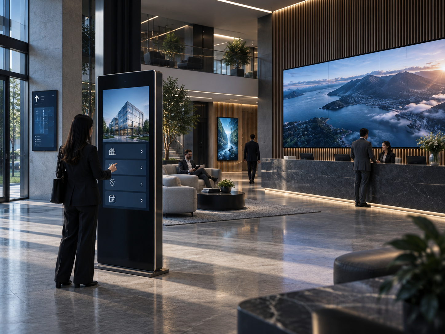 Modern smart lobby with integrated digital signage displays and interactive wayfinding