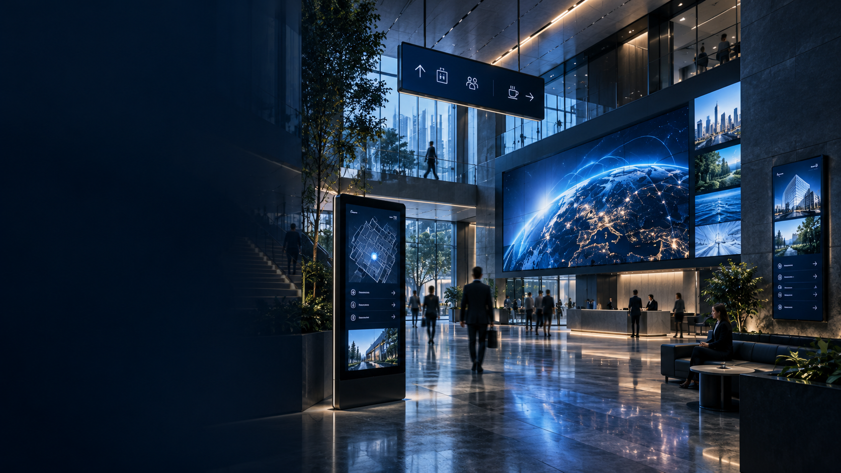 Connected digital signage environment with integrated displays and wayfinding in a modern architectural space