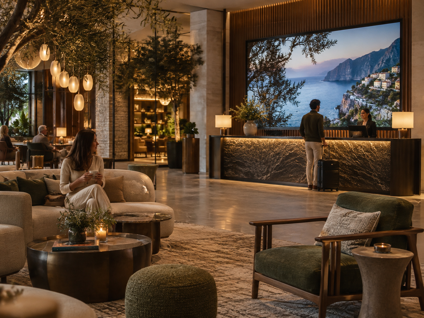 Digital signage integrated into a warm luxury hotel and guest environment