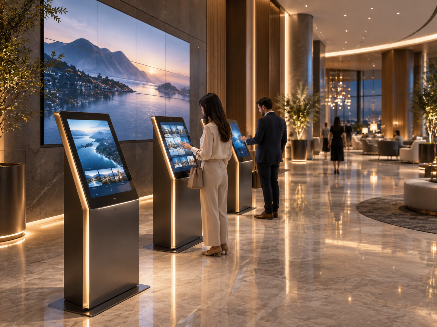 Visitors using interactive digital kiosks in a premium modern interior