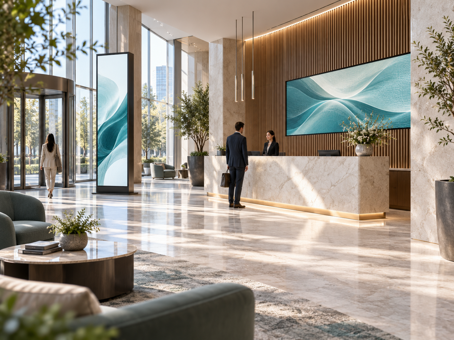 Corporate reception with integrated digital signage and premium visitor experience