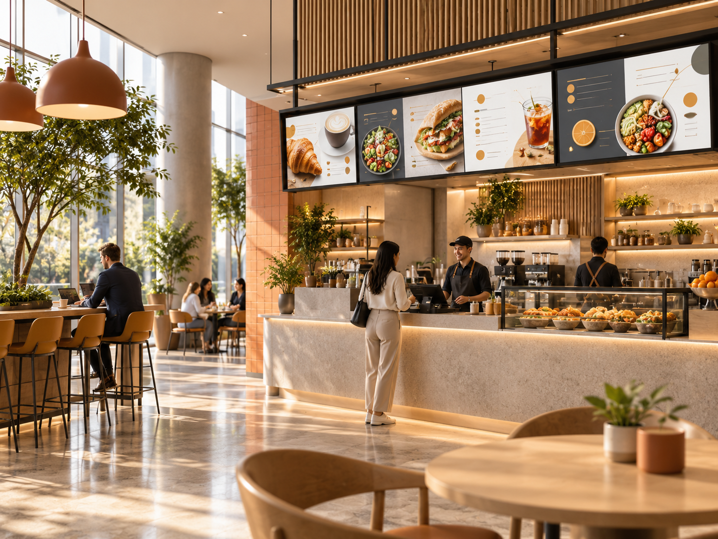 Digital menu boards above a contemporary café counter with customers and staff