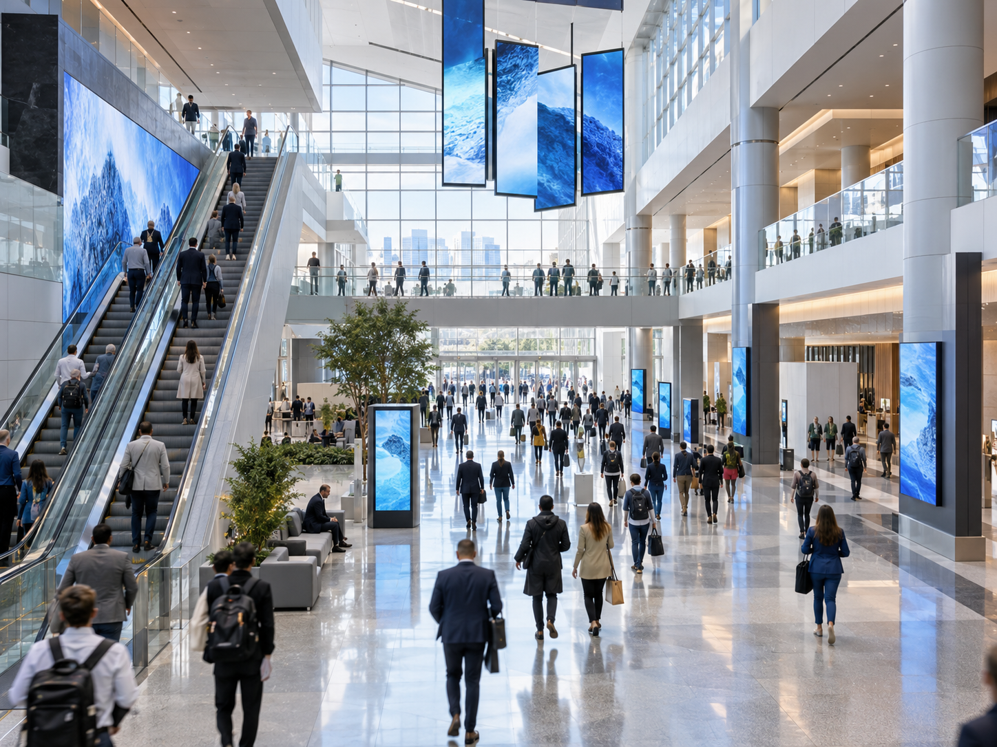 Large public atrium with digital information displays and high visitor traffic