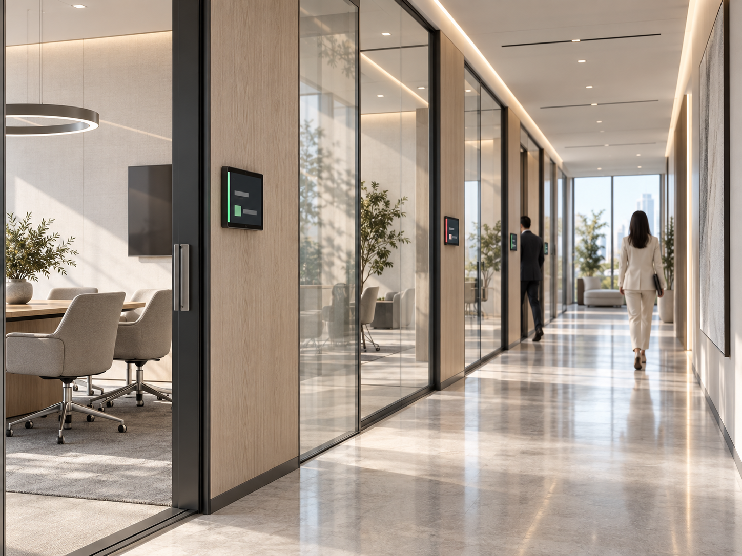 Digital meeting room signs installed along a modern glass office corridor