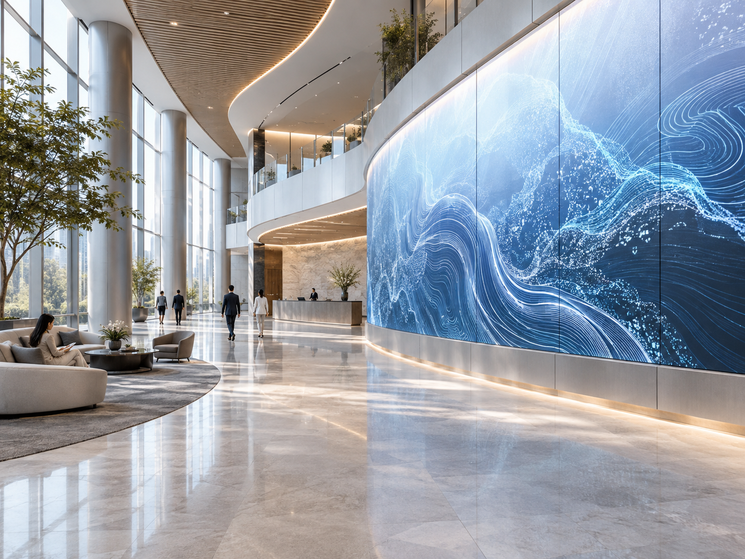 Large curved digital video wall integrated into a bright modern architectural lobby