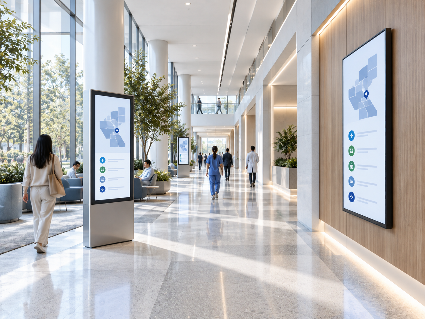Digital wayfinding displays guiding visitors through a bright modern public interior