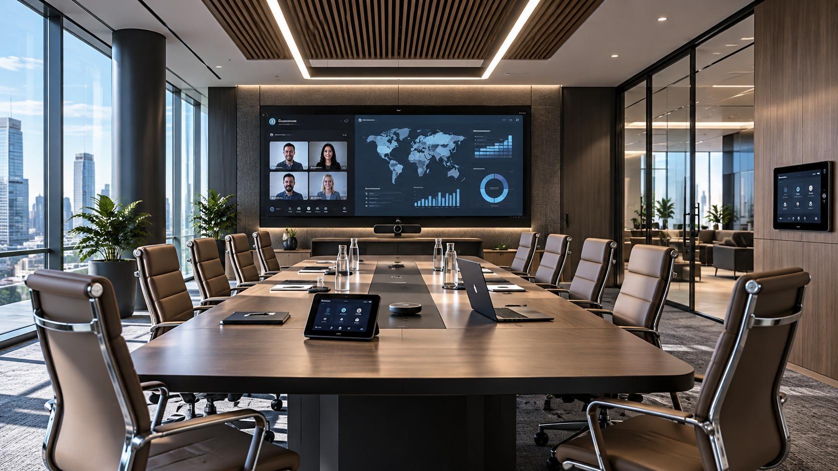 Modern enterprise boardroom with integrated video conferencing and AV control systems