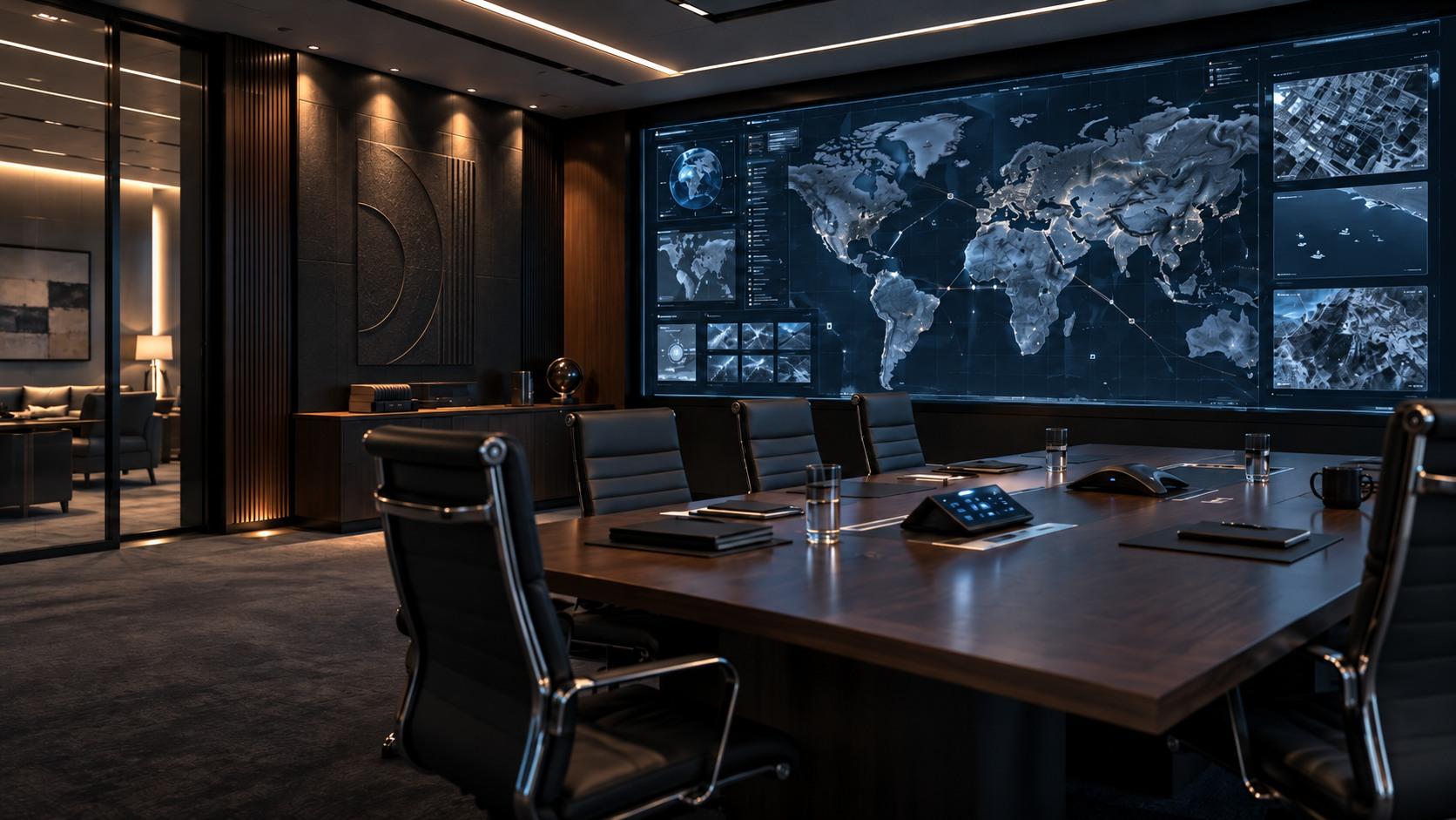 Secure government and defense briefing room with integrated visualization and communication systems