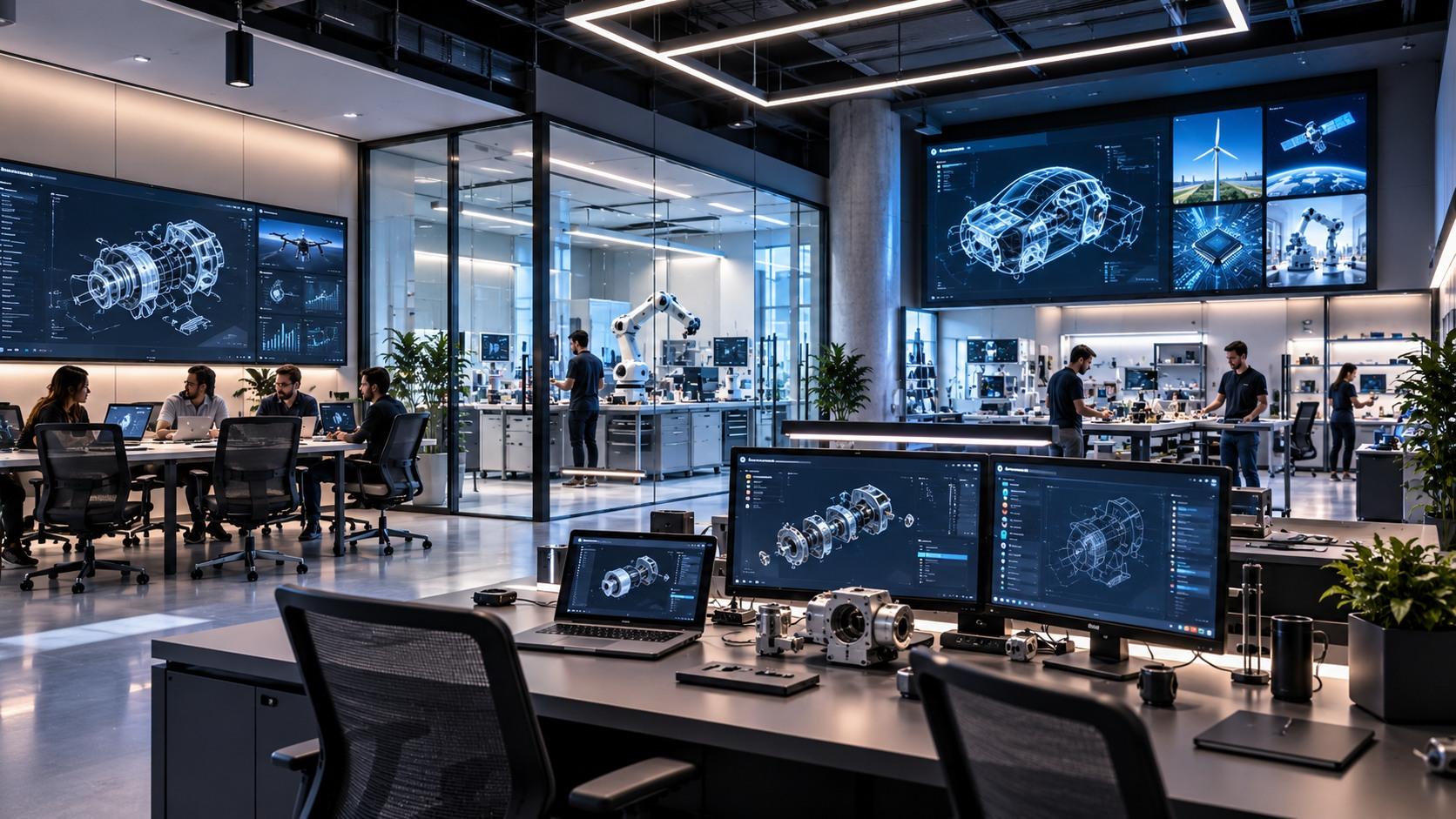 Engineering workspace with multiple screens showing integrated software dashboards, data and automation
