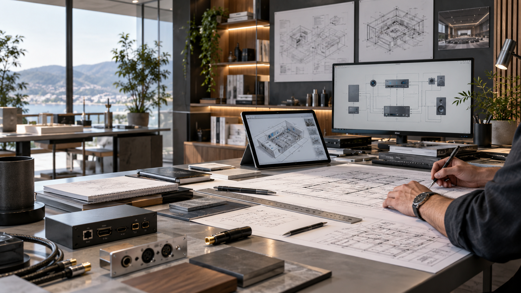 Engineering workspace with system plans, technical documentation and AV architecture