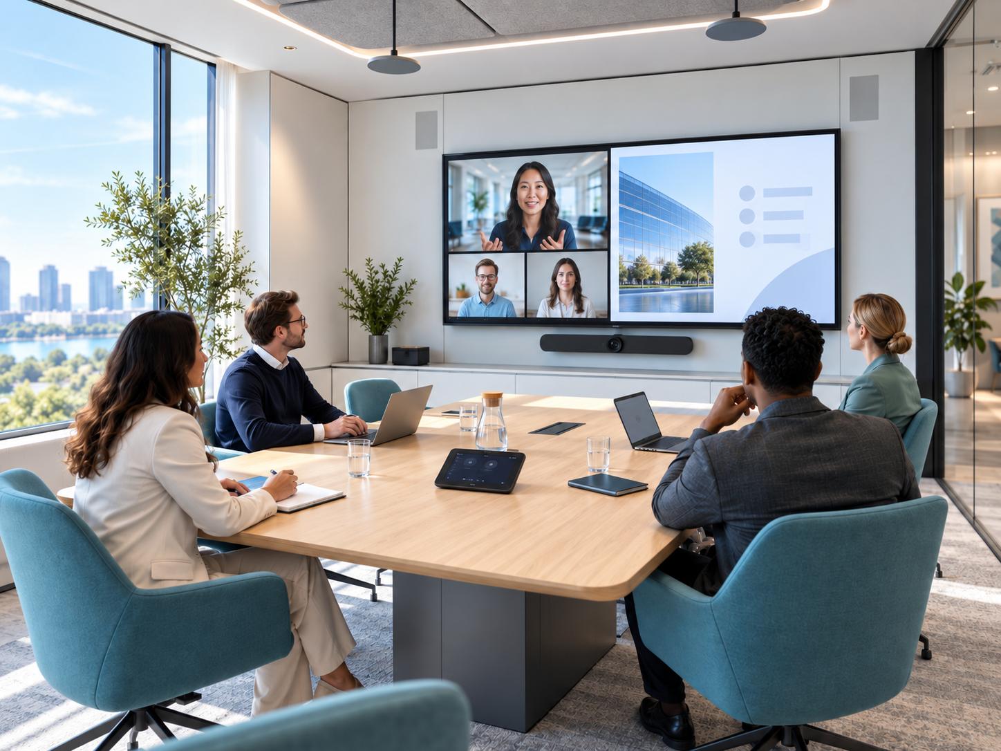 Integrated hybrid meeting room with collaboration display and connected room technology.