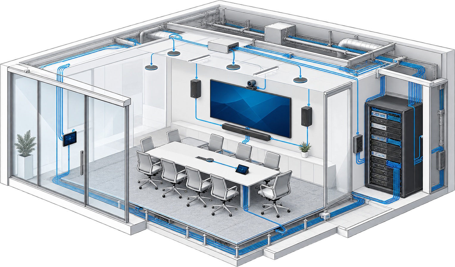 Integrated smart meeting room showing AV, control, software and infrastructure connected as one engineered system.