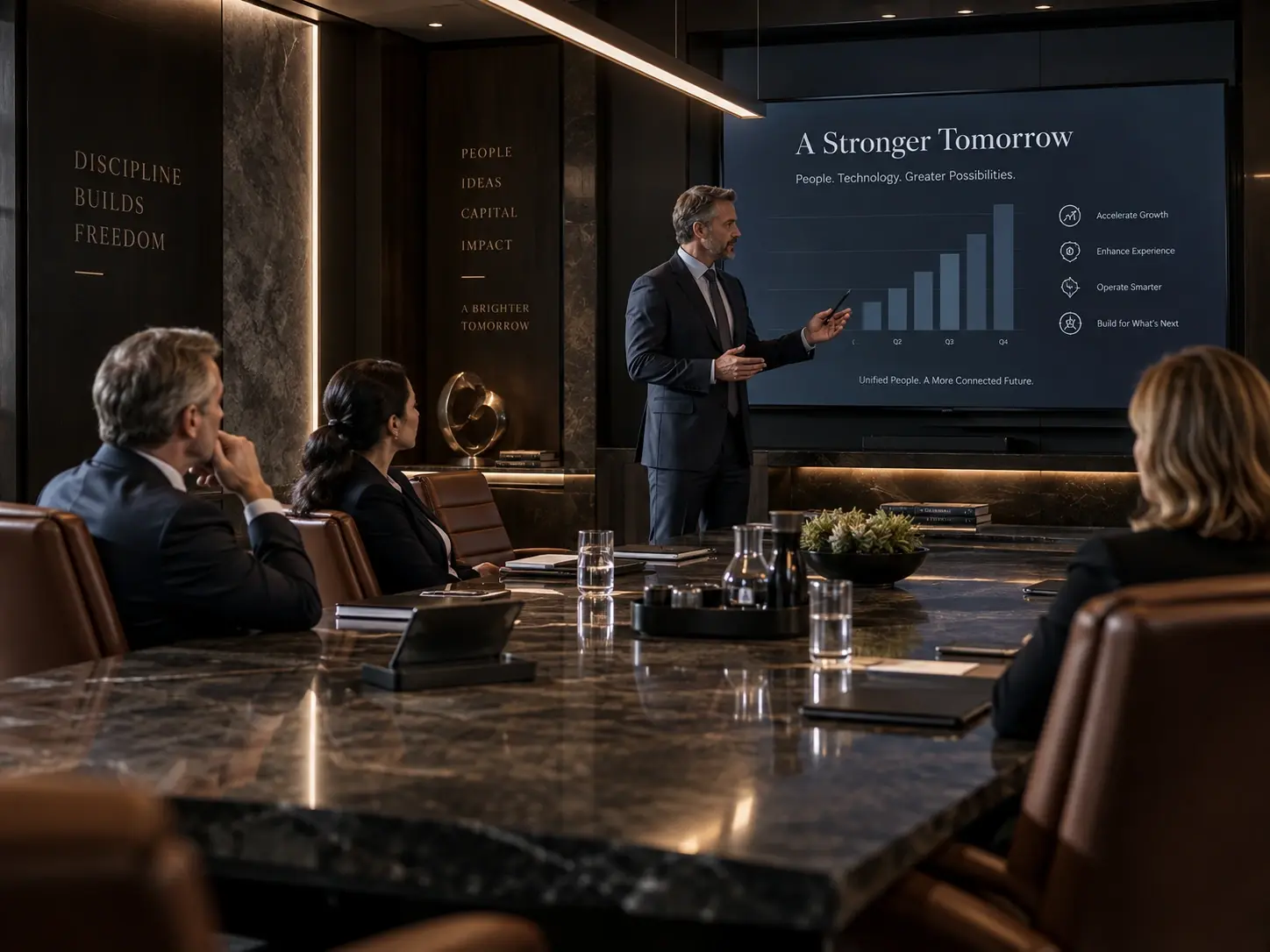 Executive briefing combining in-room presentation and remote participants