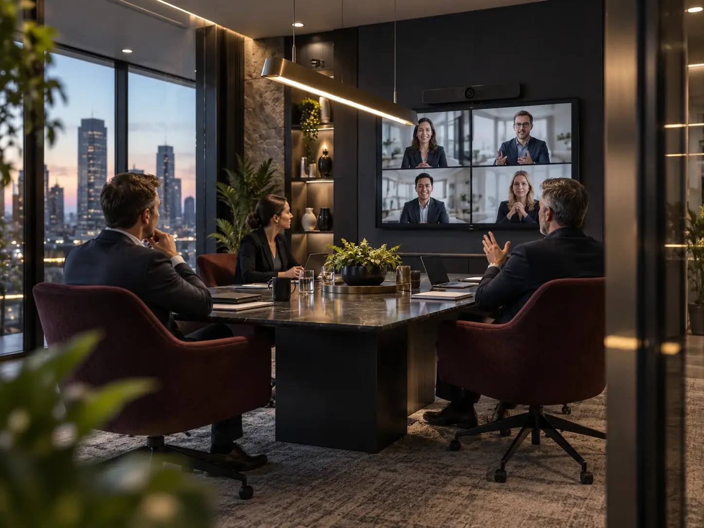Executive communications meeting in a premium leadership environment with integrated video conferencing