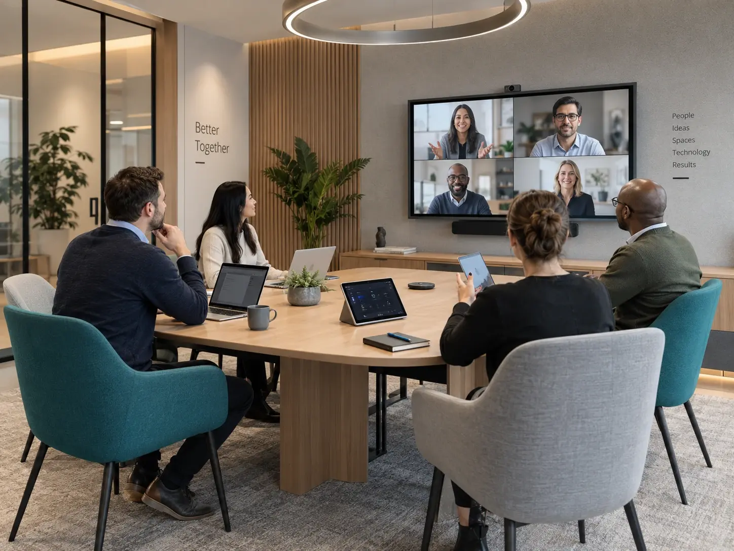 Hybrid meeting with local participants collaborating with remote colleagues
