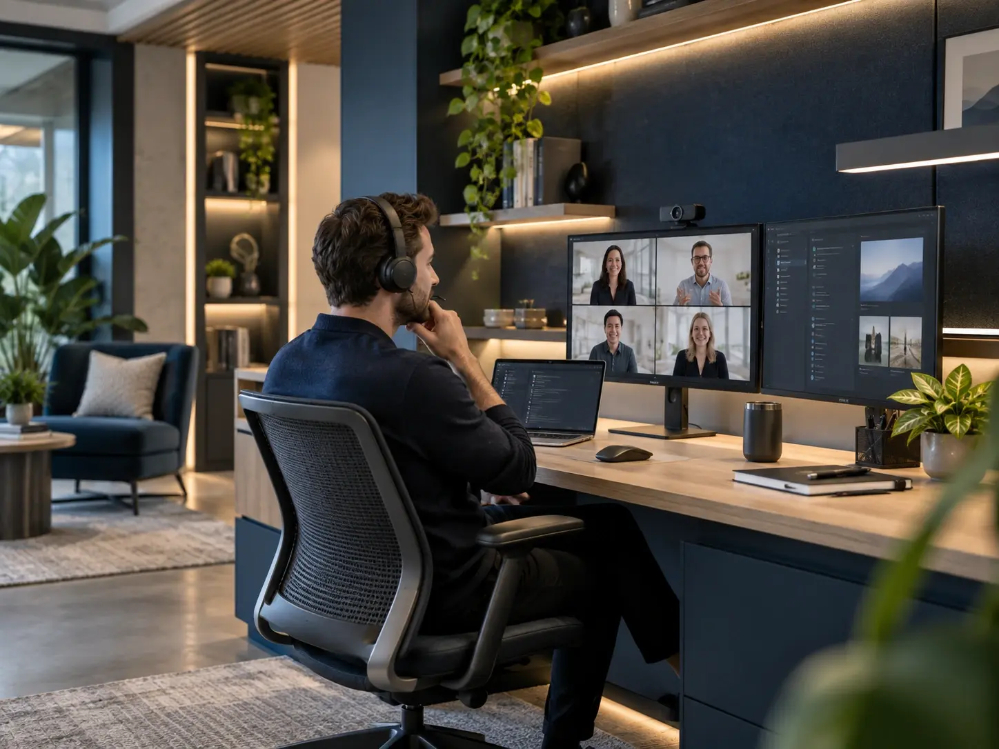 Remote professional using unified communications tools and video conferencing from a private connected workspace